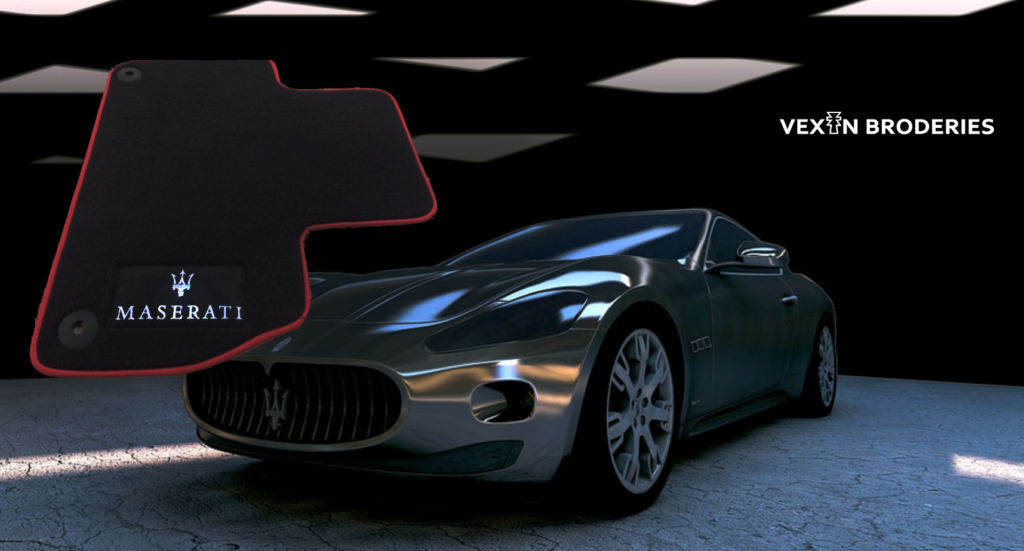 Vexin Broderies Logo Maserati brodé sur un tapis de sol